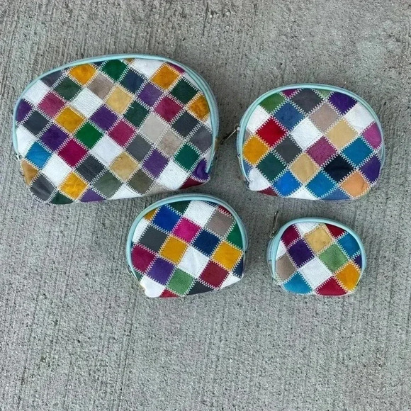 Set of 4 Nesting Pouch Coin Purse Cosmetic Bags Genuine Suede Patchwork Colorful - Picture 1 of 4